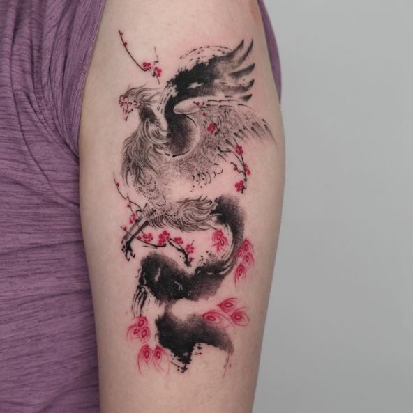 Phoenix Bird Brush Stroke Arm Tattoo