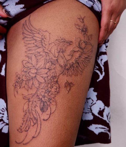 Phoenix with Florals Thigh Tattoo