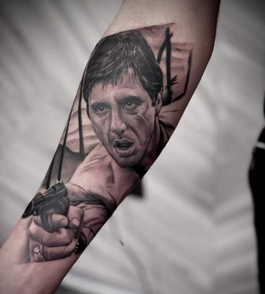 Realistic Scarface Gangster Forearm Tattoo