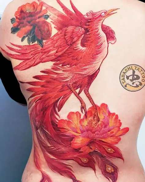 Red Ink Phoenix with Flowers Back Tattoo