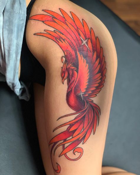 Reddish Phoenix Bird Thigh Tattoo