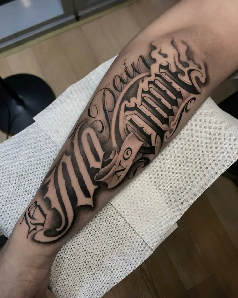 Script Chicano Arm Tattoo