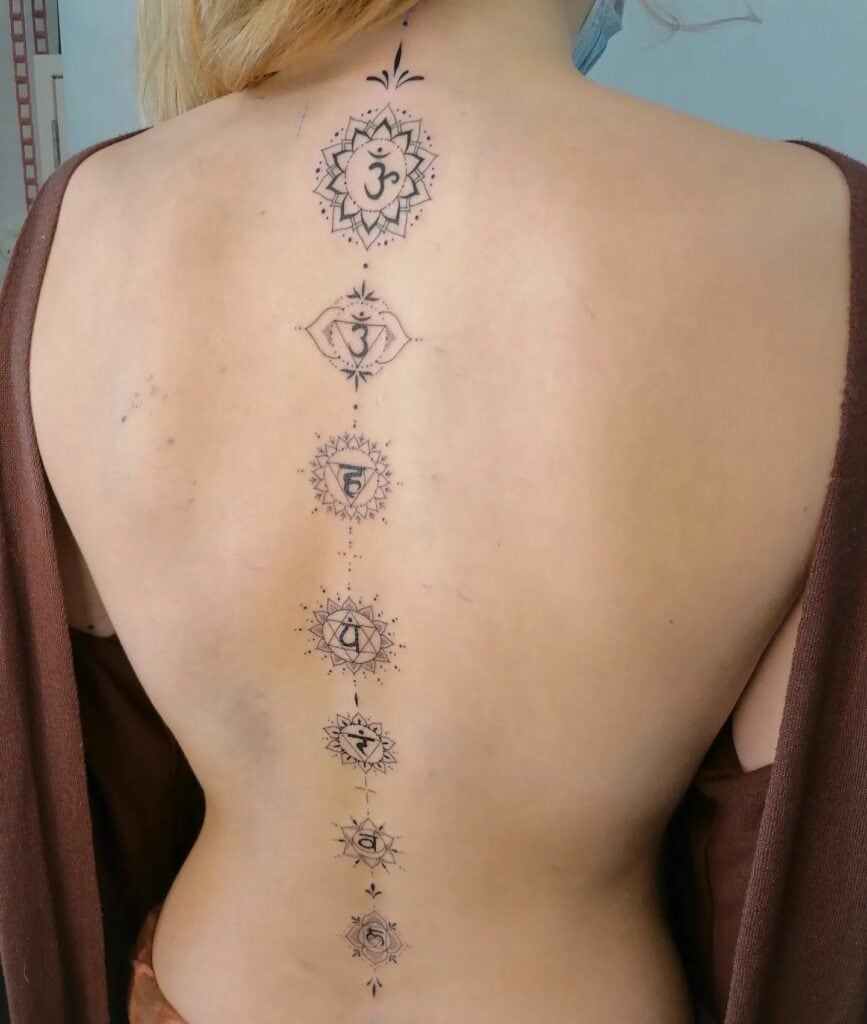 Seven Chakras Ornamental Spine Tattoo