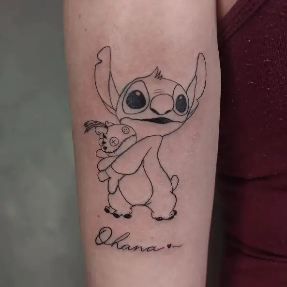 Stitch Fictional Character and Ohana Text Tattoo
