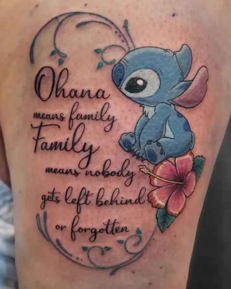 Stitch with Flower and Ohana Meaning Thigh Tattoo