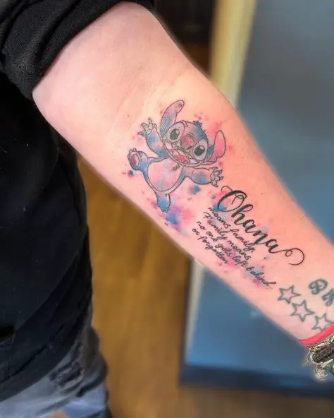 Stitch with Ohana Meaning Hand Watercolor Tattoo