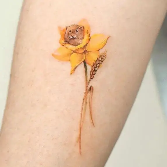 Adorable Hamster in Yellow Narcissus Flower and a Wheat Tattoo