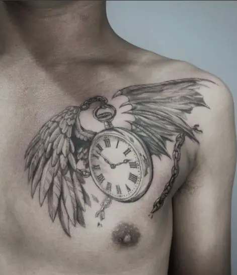 Ancient Clock Fallen Angel Wings Chest Tattoo