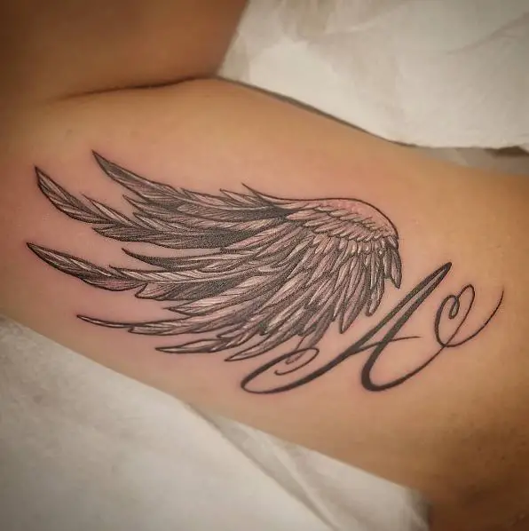 Artistic Memorial Angel with Initial Arm Tattoo