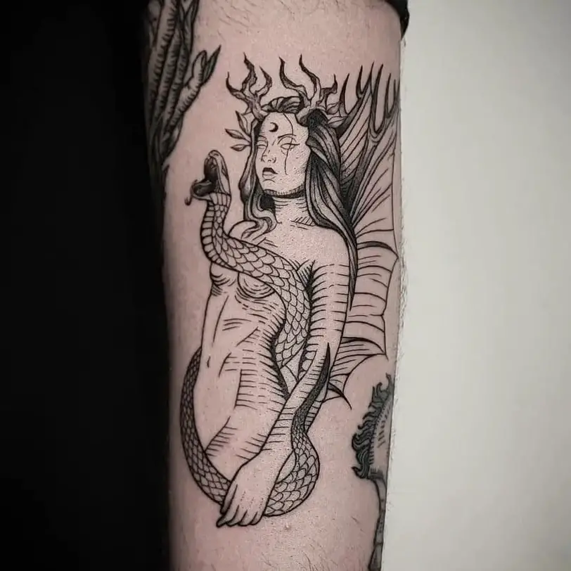 Bare Devil Witch and Snake Tattoo