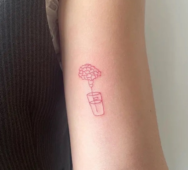 Basic Red Line Work Carnation Flower Tattoo Design