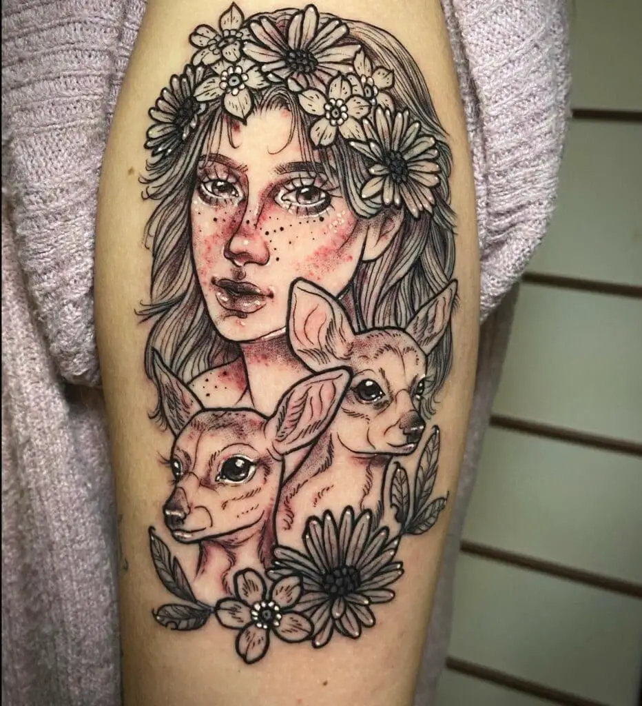 Beautiful Goddess With Floral And Deer Cancer Zodiac Arm Tattoo
