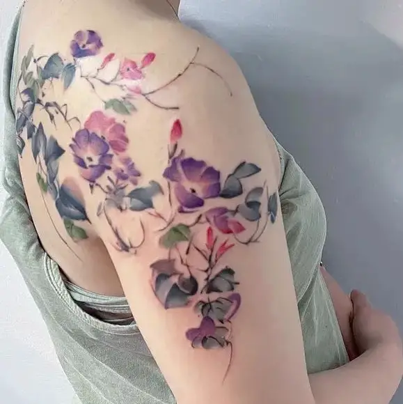 Beautiful Watercolor Morning Glory Flower Shoulder Tattoo Design