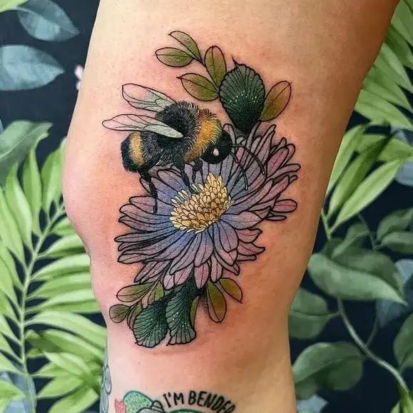 Bee on the Aster Birth Flower Tattoo Design
