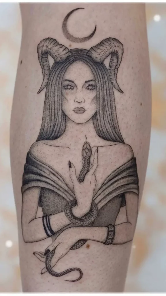 Big Horn Witch and Snake Tattoo
