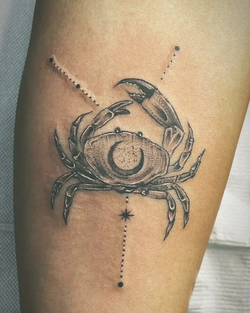 Black And White 3D Art With Crescent Moon on Crab Constellation Cancer Tattoo Design
