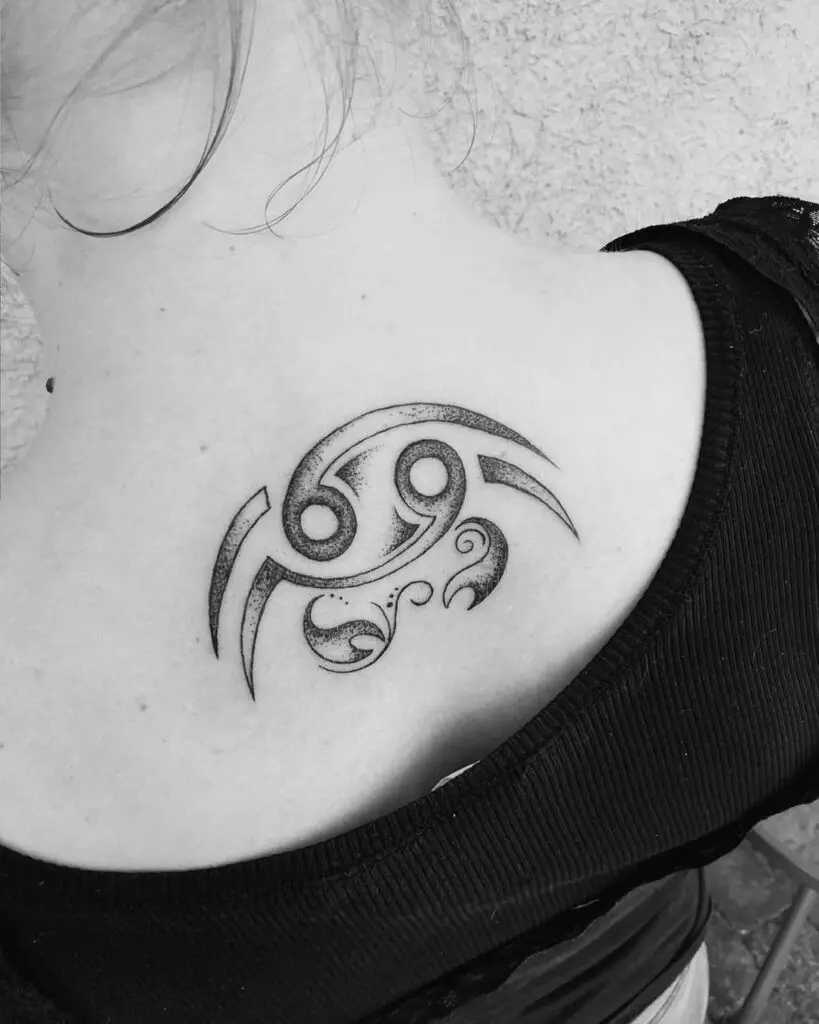 Black And White Tribal Design Cancer Zodiac Sign Nape Tattoo