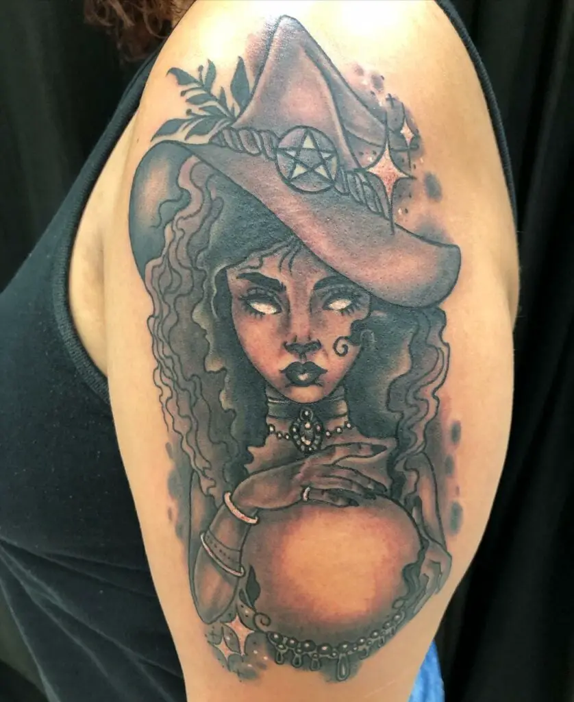 Black Blind Witch Holding a Crystal Ball Tattoo