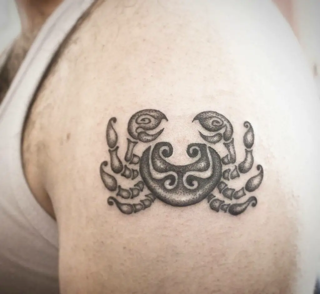 Black Textured Tribal Crab Cancer Zodiac Sign Arm Tattoo