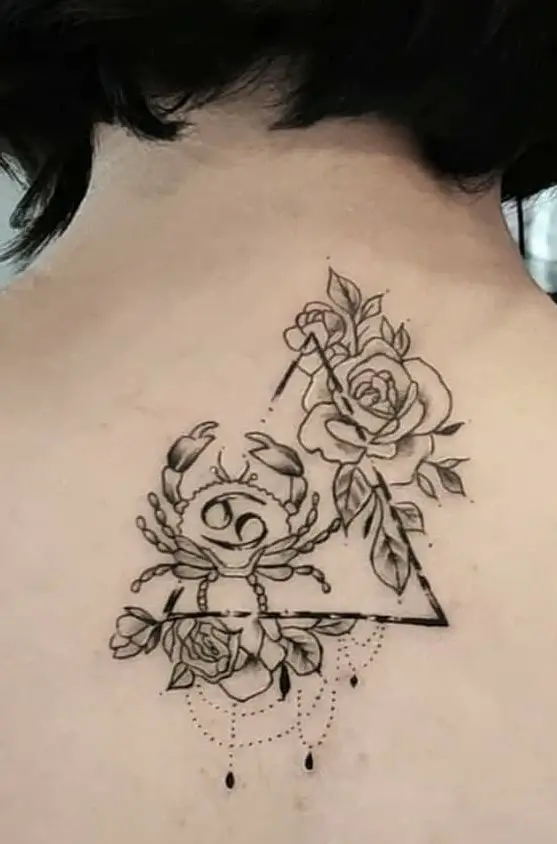 Black Triangle Geometric Cancer Zodiac Floral Nape Tattoo