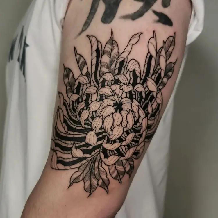 Black Work Chrysanthemum Flower Tattoo