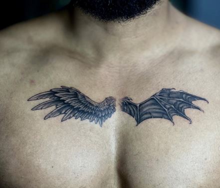 Black Work Heavenly Angel and Fallen Angel Wings Chest Tattoo