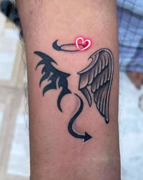 Black Work Heavenly Angel and Fallen Angel Wings Red Heart Arm Tattoo
