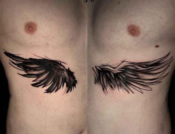 Black Work Heavenly Angel and Fallen Angel Wings Rib Cage Tattoo
