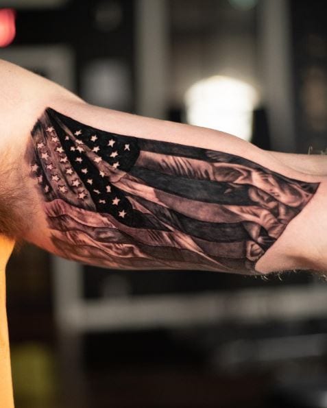 Black and Grey American Flag Inner Bicep Tattoo