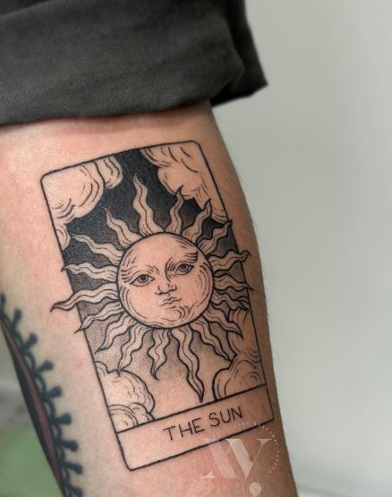 Black and Grey Sun Tarot Card Forearm Tattoo