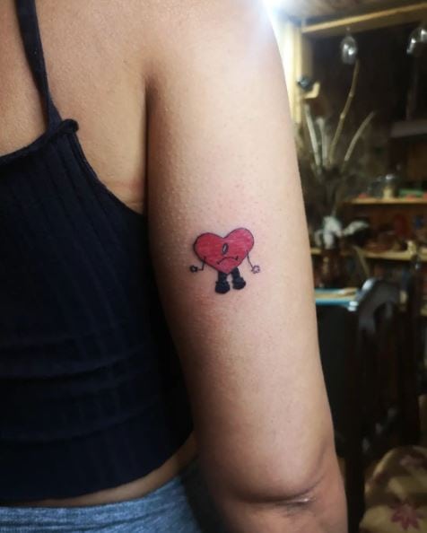Black and Red Inked Sad Bad Bunny Heart Tattoo