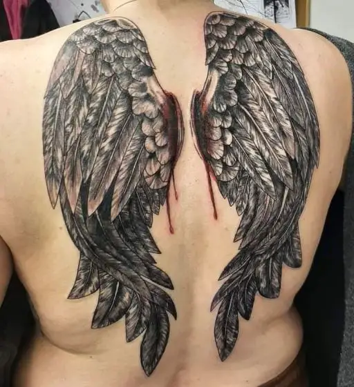 Bleeding Fallen Angel Wing Full Back Tattoo
