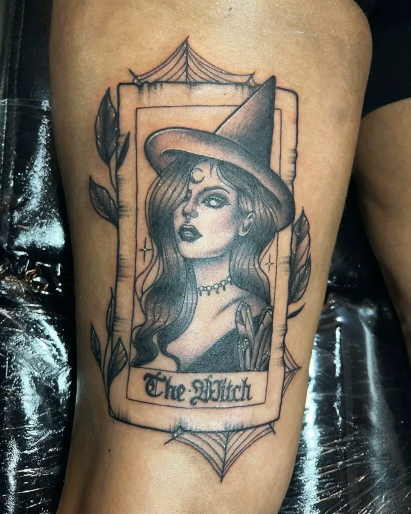 Blind Witch Tarot Card with Spider Webs Thigh Tattoo