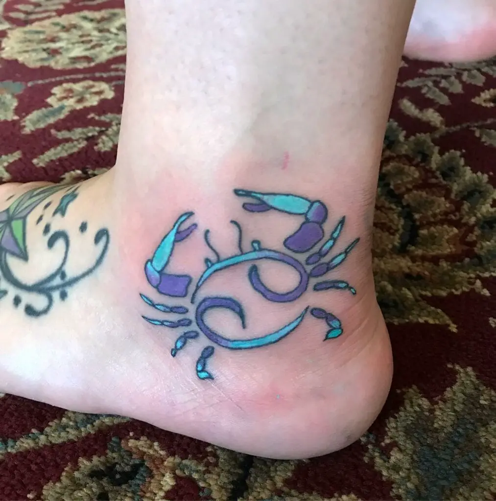 Blue And Violet Cancer Water Sign Ankle Tattoo