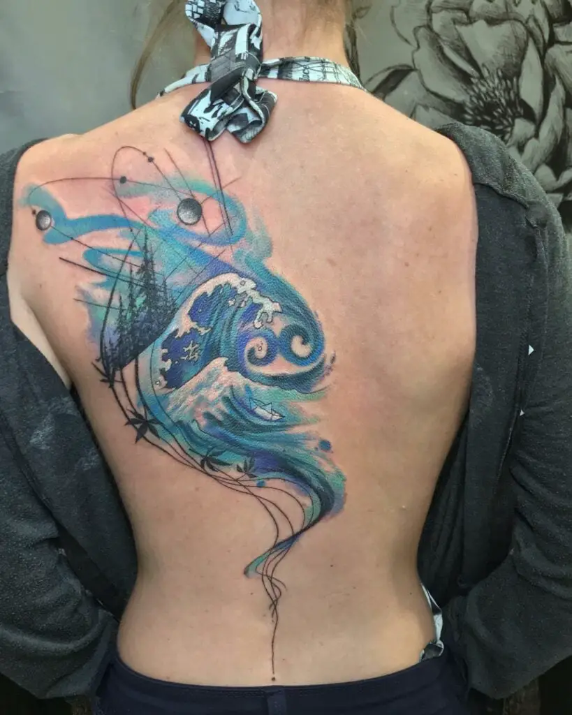 Blue Tidal Waves Art Cancer Sign Full Back Tattoo