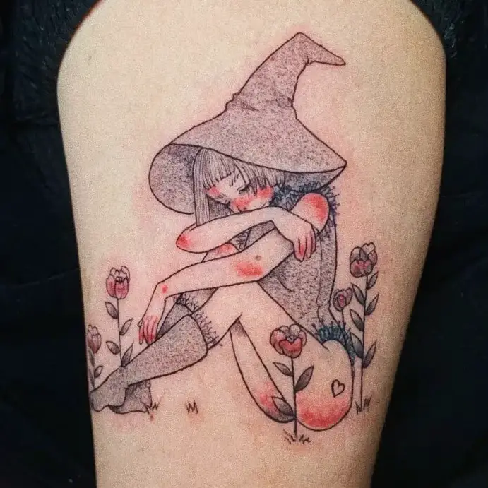 Blush Witch with Heart and Flowers Tattoo
