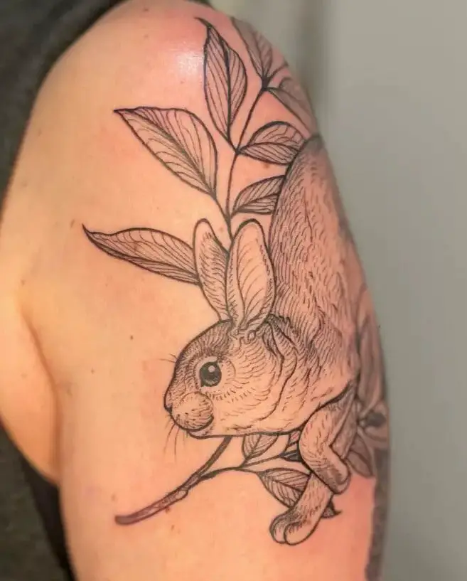 Bunny and Stem of Leaves Line Art Arm Tattoo
