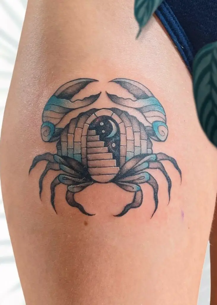 Cave Made of Bricks Blue Crab Cancer Water Sign Leg Tattoo