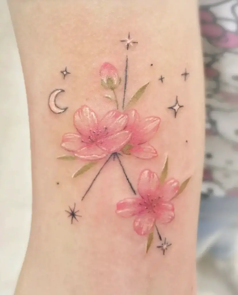 Cherry Blossoms Constellation WIth Stars And Crescent Moon Tattoo