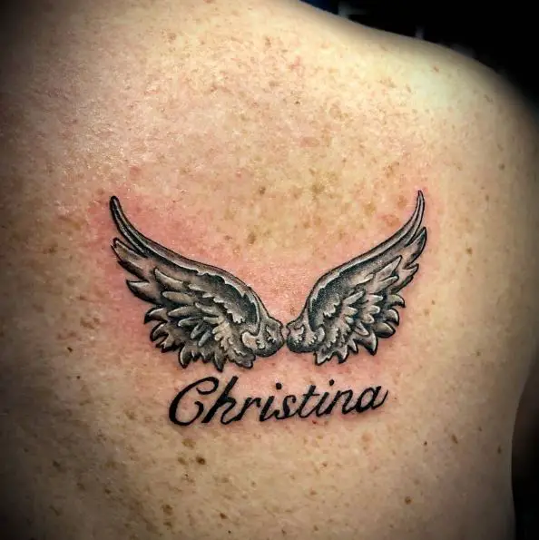 Metallic Memorial Angel Wing With Name Tattoo