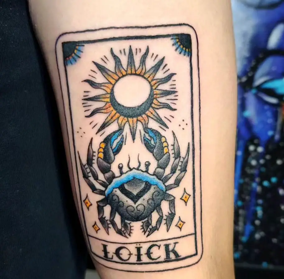 Colored Cancer Zodiac Tarot Card Arm Tattoo