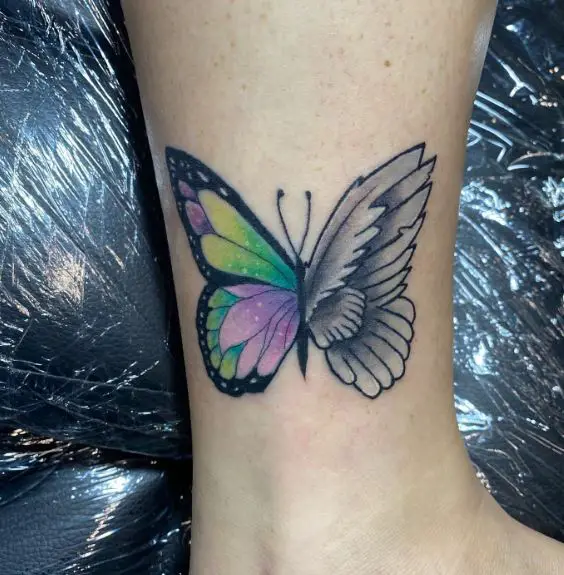 Colorful Butterfly And Black Angel Wing Ankle Tattoo