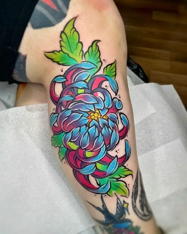 Colorful Chrysanthemum Flower Leg Tattoo