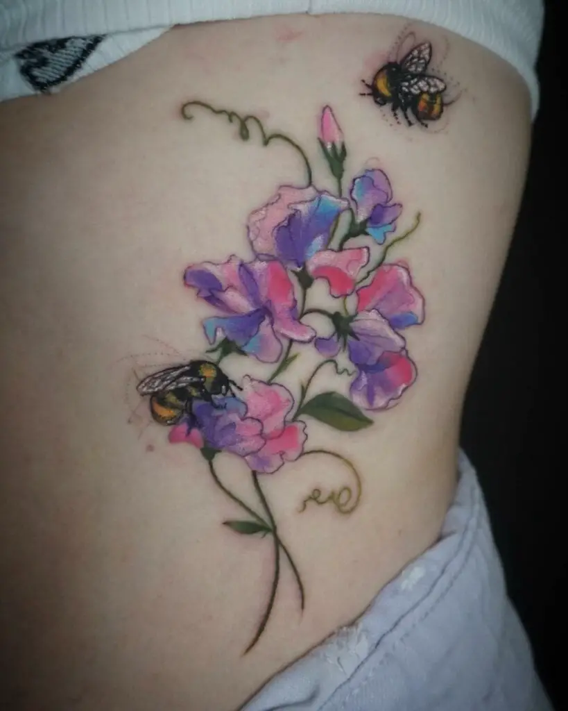 Colorful Two Bees in Sweet Pea Tattoo Design