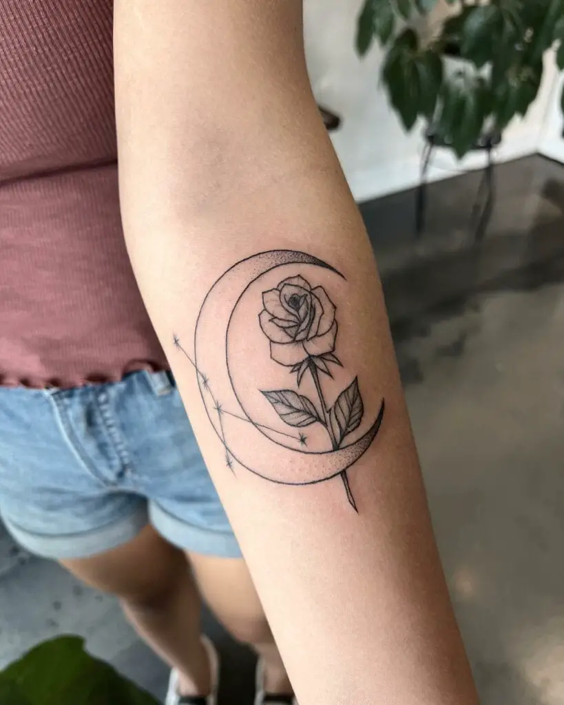 Constellation Crescent And Rose Arm Tattoo