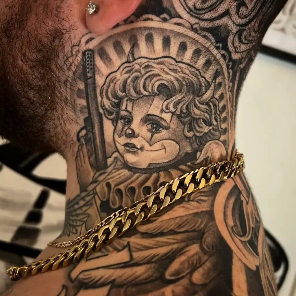 Detailed Criminal Chicano Neck Tattoo