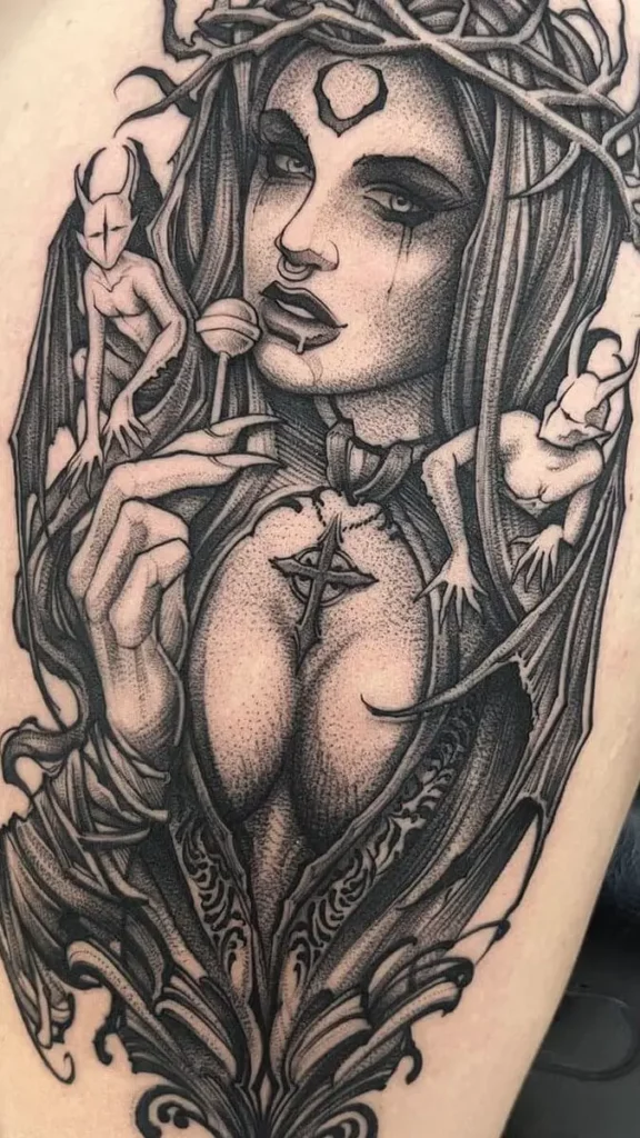 Devil Witch Wearing Crown of Thorn Tattoo