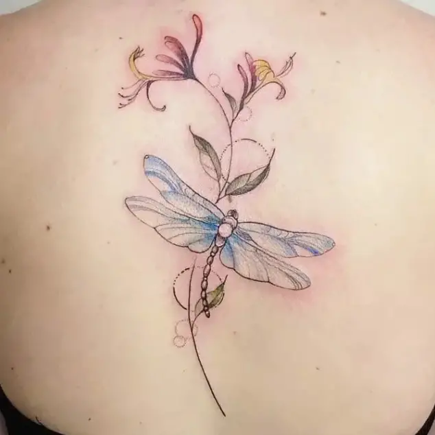 Dragonfly with Honeysuckle Flower Leaf And Lily Tattoo Design