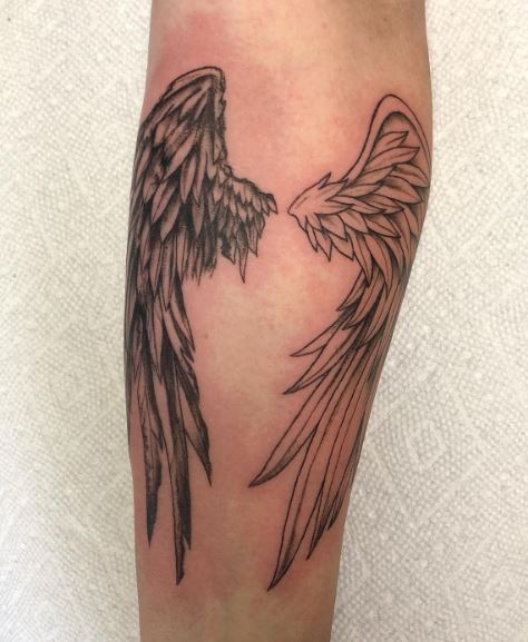 Fine Line Heavenly Angel and Fallen Angel Wings Arm Tattoo