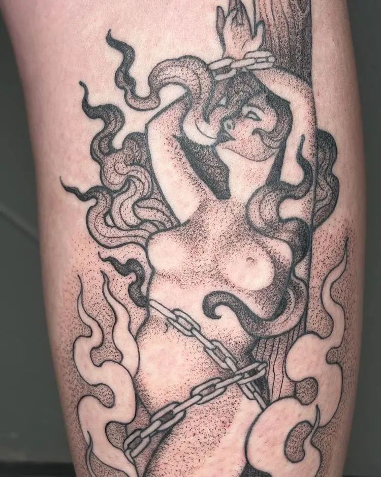 Flaming Chained Naked Women Tattoo